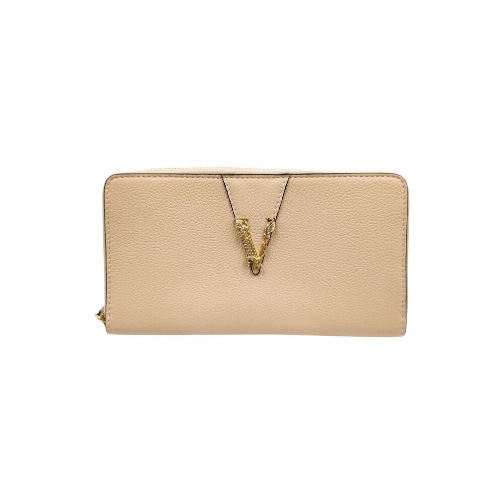 Versace Virtus Beige Leather Zip Around Continental Wallet Gold Baroque V Logo